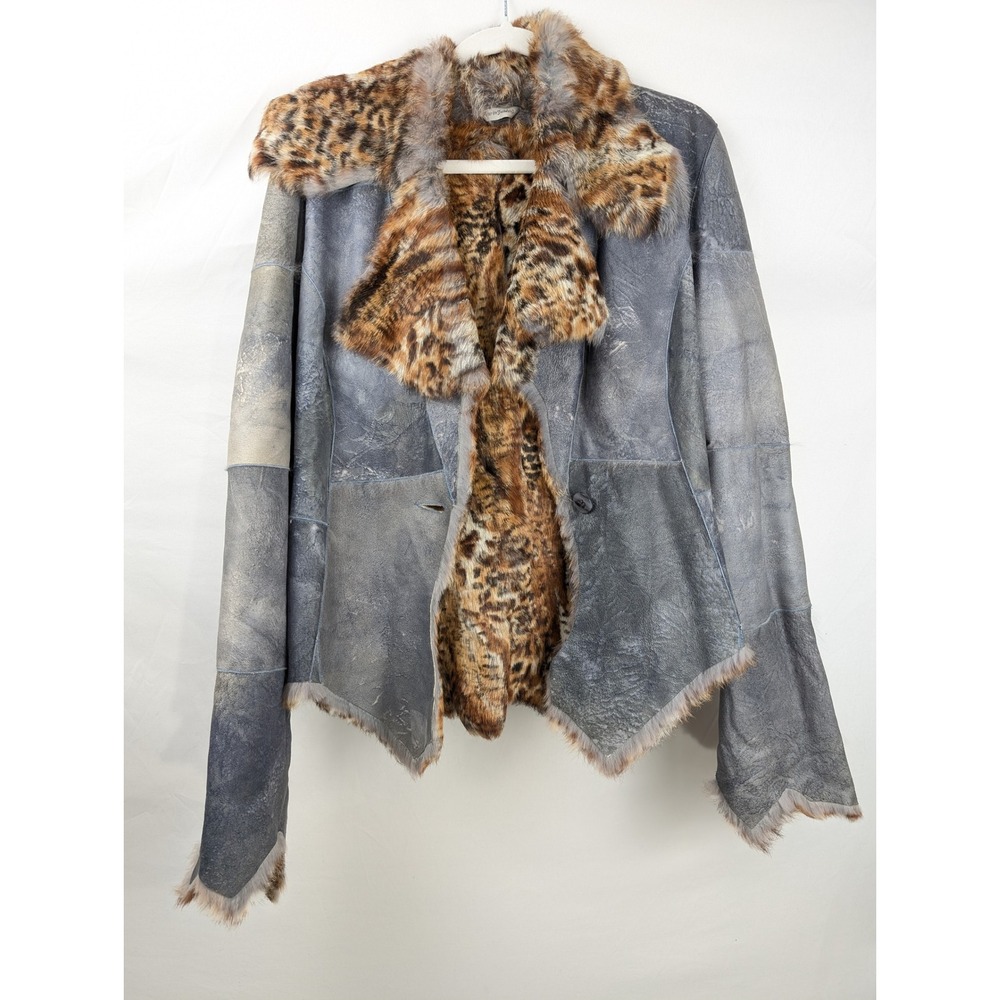 Vintage Y2K Suede Shearling Fur Jacket Animal Print Indie Statement Grunge Boho